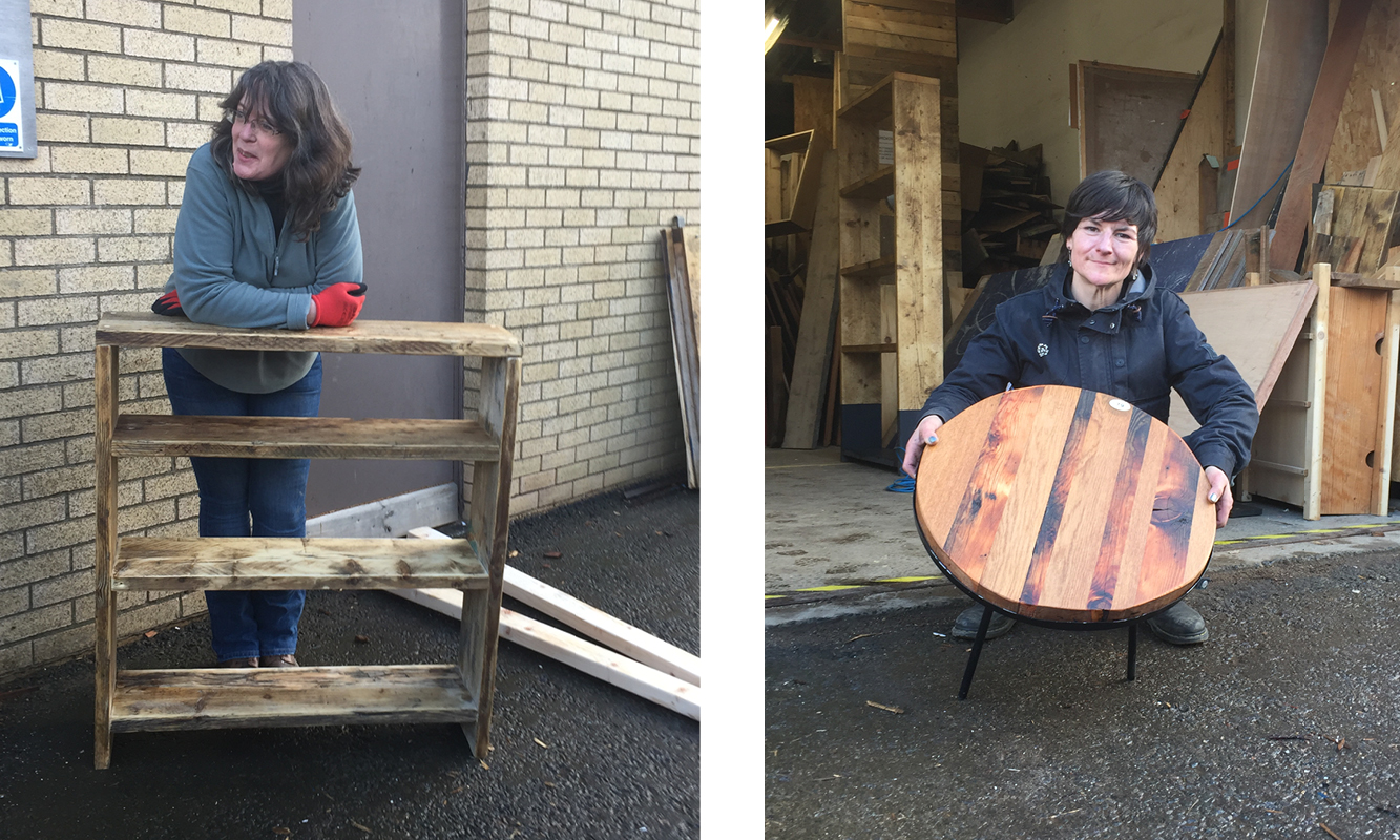 Womens furniture making course - women holding a shelving unit and table made by them, from reclaimed wood